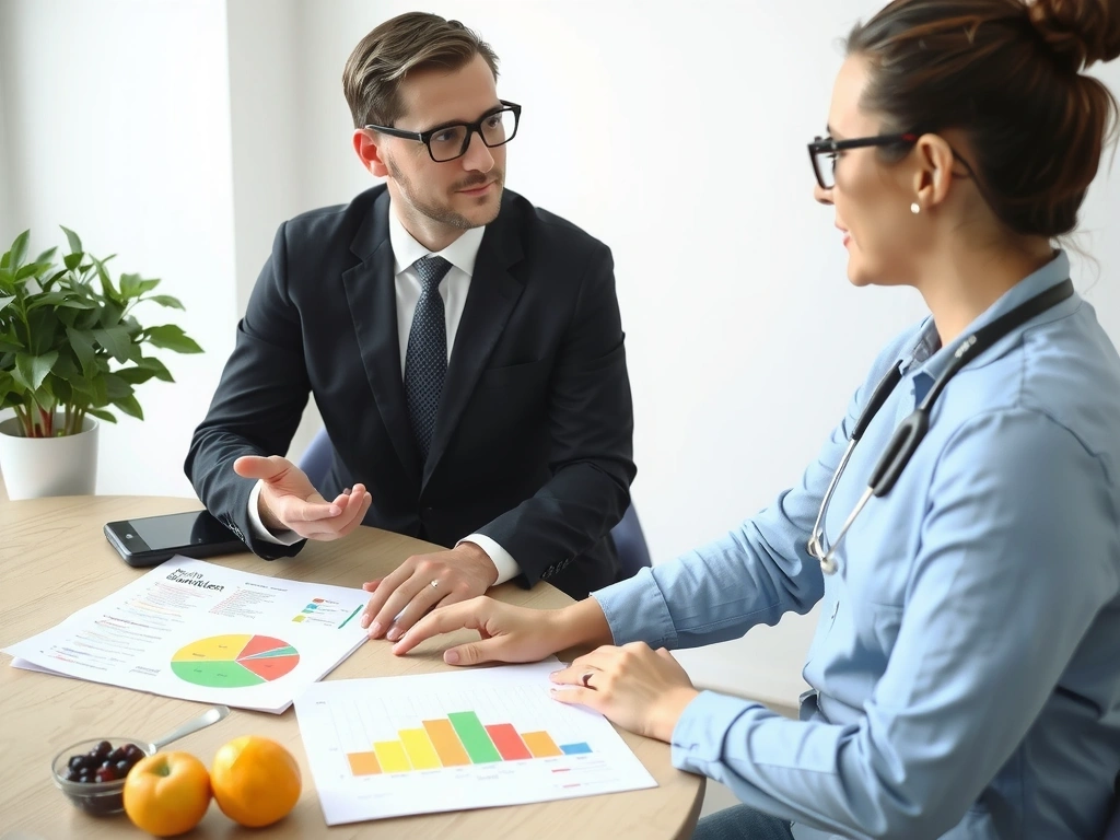 Zwei Personen, eine Beraterin und ein Klient, die sich über einen Ernährungsplan unterhalten, mit Diagrammen und Notizen auf dem Tisch.